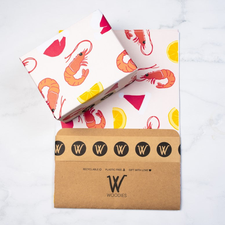 Woodies gummed paper tape plastic free eco packaging kraft card gifting set paper design print made in australia product shop recycle recyclable ethical small business women owned local gift present presents gift ideas tassie tasmania abstract art holidays christmas prawn prawns shrimp occasion native australia flora fauna animal colour color colorful colourful bright fun #plasticsucks pink lemon santa hat 