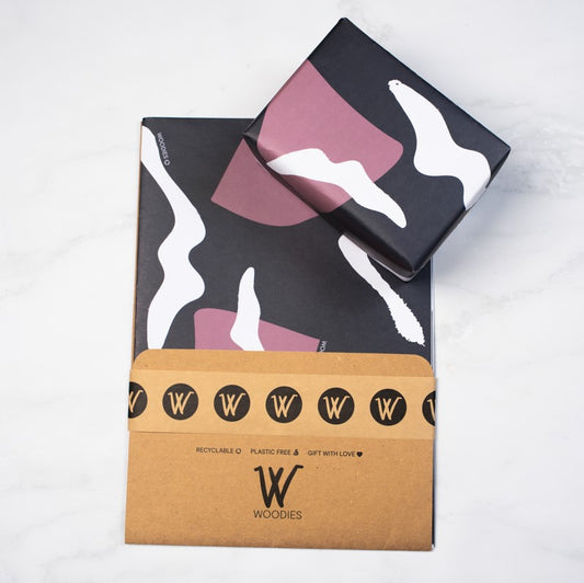 Woodies gummed paper tape plastic free eco packaging kraft card gifting set paper design print made in australia product shop recycle recyclable ethical small business women owned local gift present presents gift ideas tassie tasmania devil pink grey white abstract art mammal birthday occasion male men 